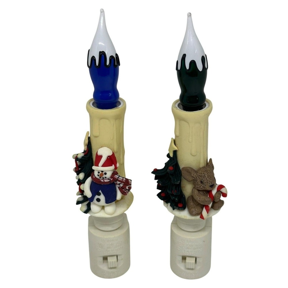 Vintage‎ Christmas Candle Nightlight Set of 2 Snowman Teddy Bear Holiday Decor